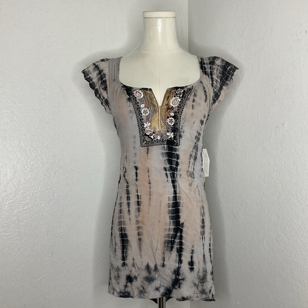 ONE WORLD Tie Dye Tank Top L Black Gray Boho Flowy Relaxed Oversized Rayon